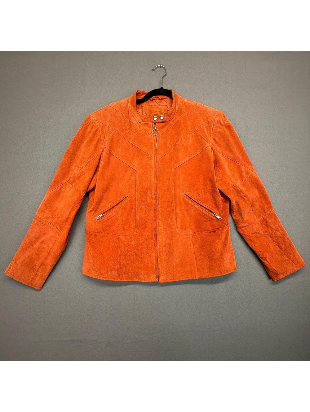 Orange Suede Leather Zip Up Jacket With Pockets Women's XL
